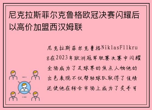 尼克拉斯菲尔克鲁格欧冠决赛闪耀后以高价加盟西汉姆联 尼克拉斯菲尔克鲁格欧冠决赛闪耀后以高价加盟西汉姆联